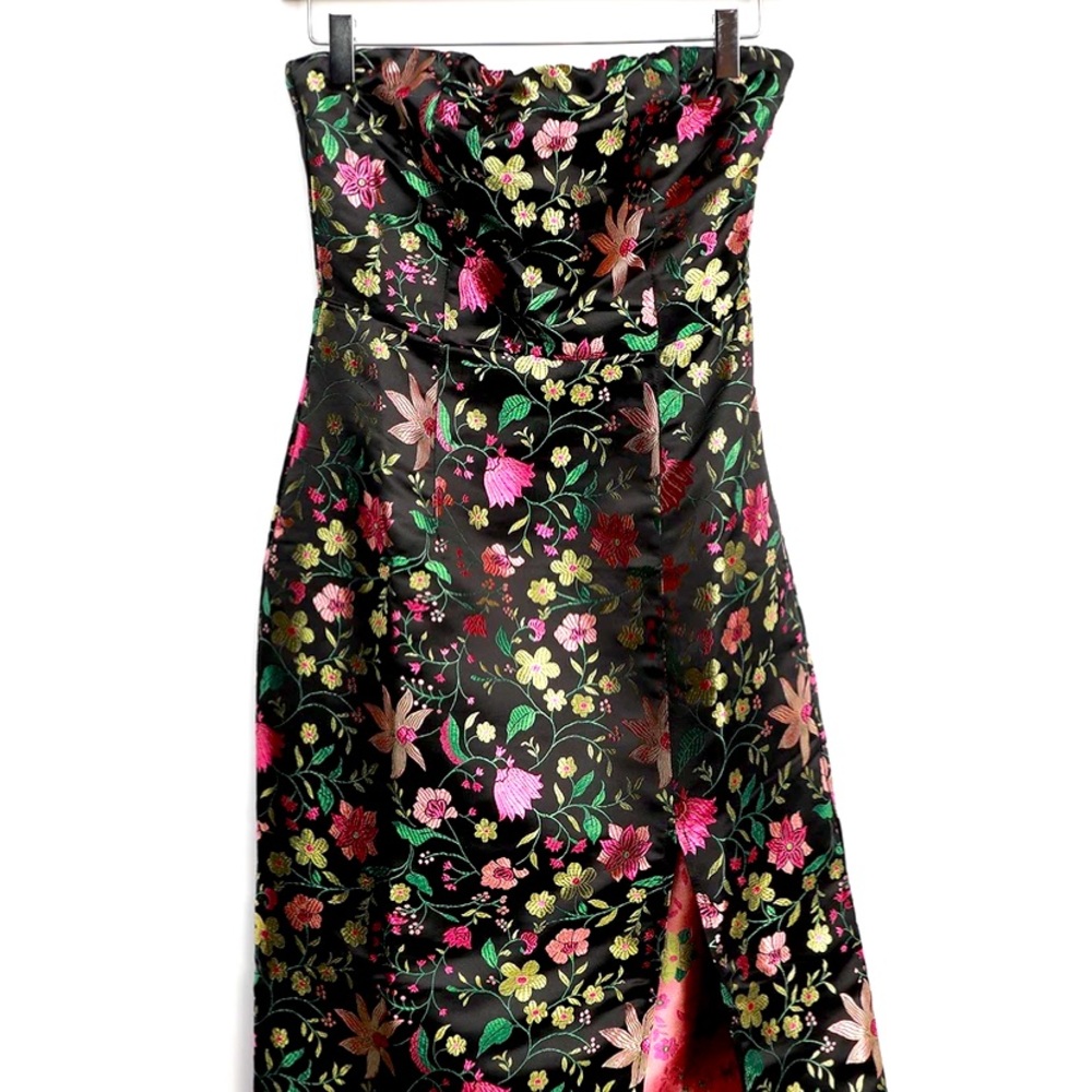 Lulus Make a Move Black Satin Floral Jacquard Strapless Midi Dress